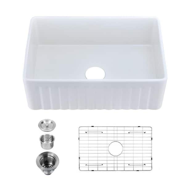 36 in. Drop-in Single Bowl White Fireclay Kitchen Sink with Grid and Strainer Included Durable Construction