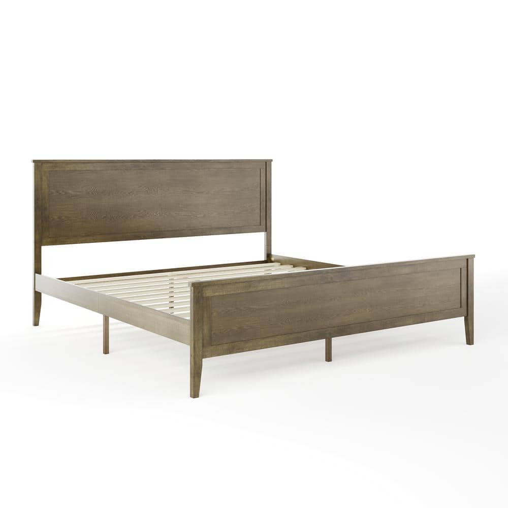 Brown Gray King Upholstered Wood Platform Bed with Headboard and Drawer