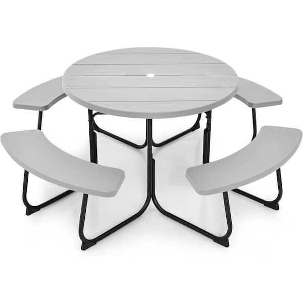 8 Person HDPE Round Picnic Table with 4 Built-in Benches Umbrella Hole Metal Frame for Outdoor Use Gray