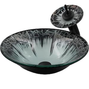 Credere Artsy Multi-Colored Glass Fluted Vessel Sink with Faucet and Drain in Matte Black