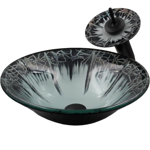 Novatto Credere Artsy Multi-Colored Glass Fluted Vessel Sink with Faucet and Drain in Matte Black