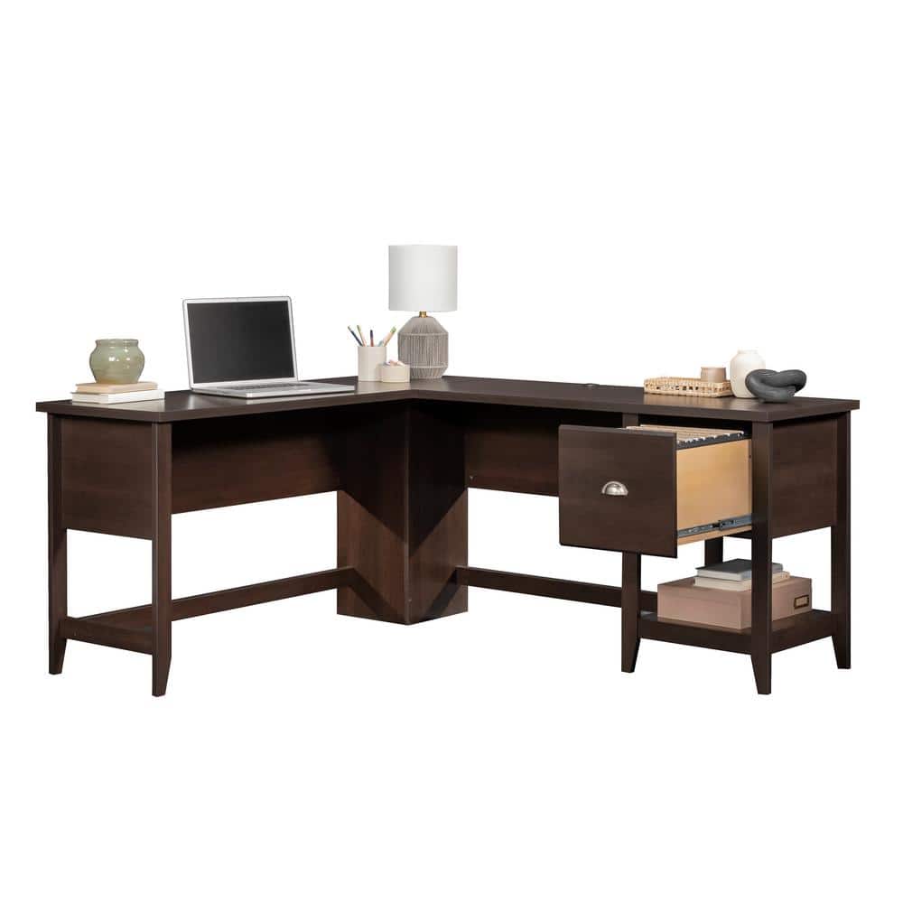 Cinnamon Cherry L-Shaped Wood Executive Desk with Drawer and Filing Cabinet