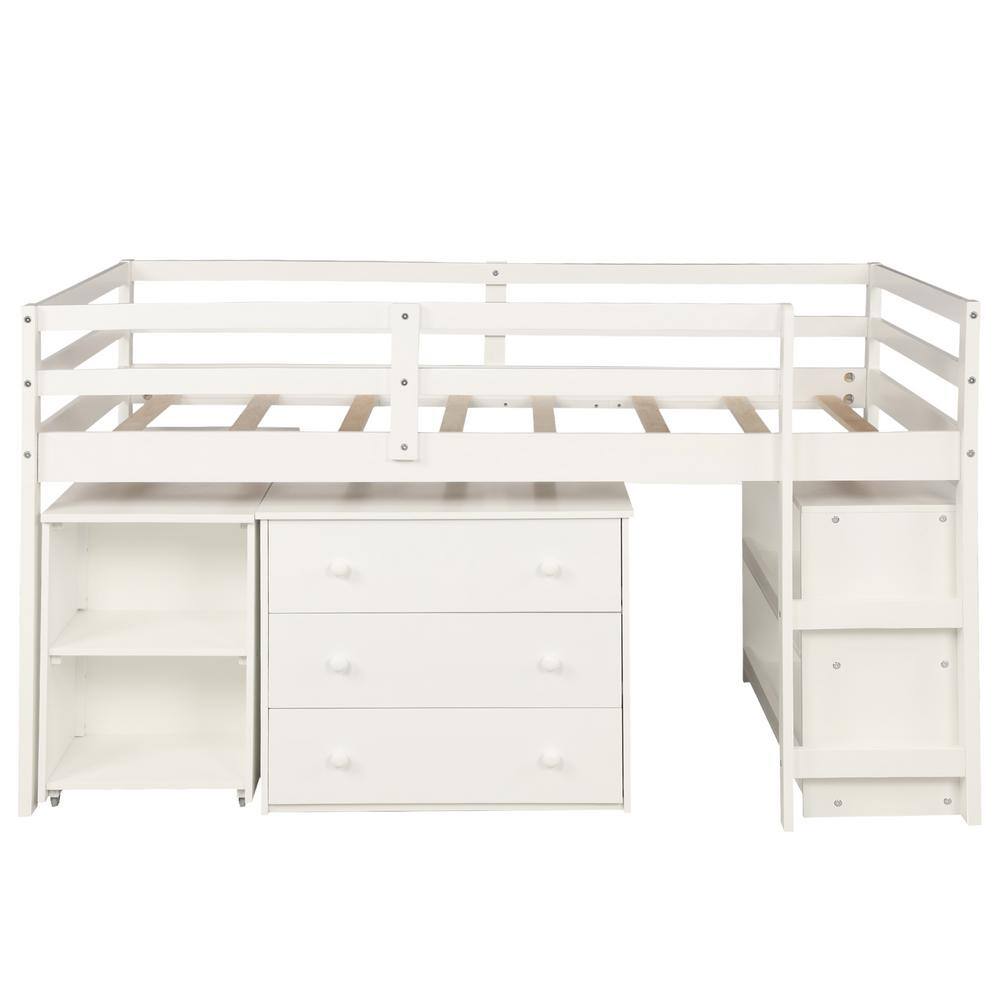 Angel Sar White Low Study Twin Loft Bed with Cabinet and Rolling ...