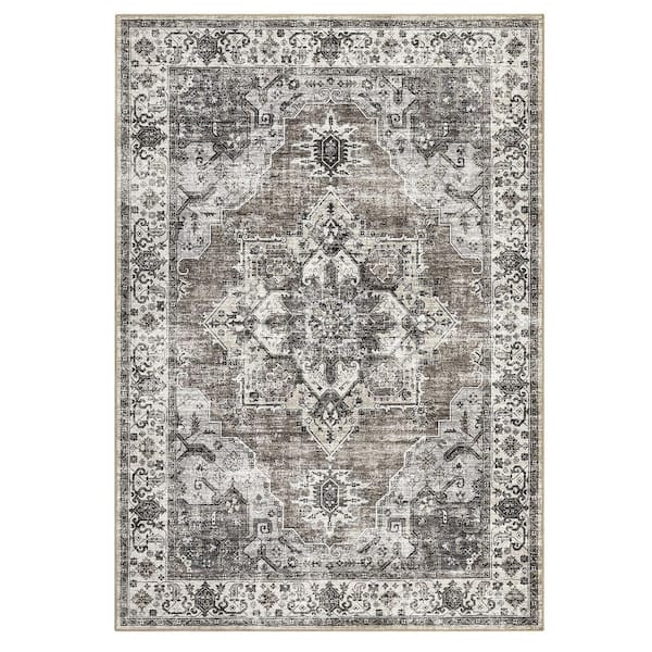 Ultra-Thin Washable Vintage Floral Rug Soft Non-Slip for Bedroom Living Room Office Brown 9 ft. x 12 ft. Area Rug