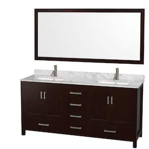 Sheffield 72 in. Double Vanity in Espresso with Marble Vanity Top in Carrara White and 70 in. Mirror
