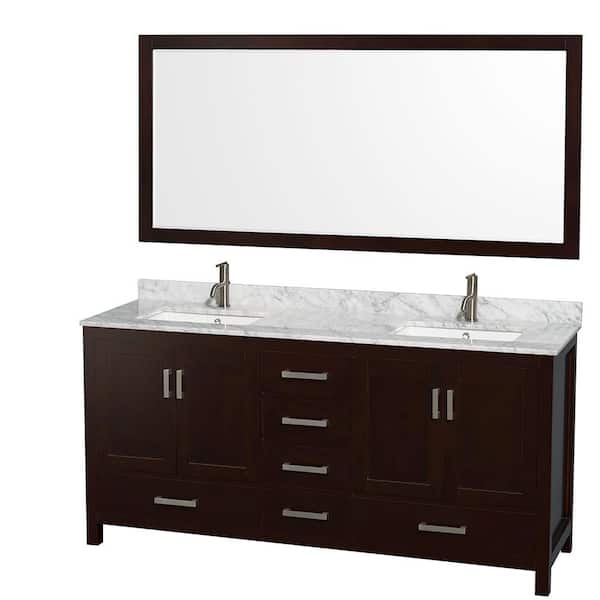 Wyndham Collection Sheffield 72 in. Double Vanity in Espresso with Marble Vanity Top in Carrara White and 70 in. Mirror