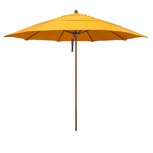 California Umbrella 11 ft. Woodgrain Aluminum Commercial Market Patio Umbrella Fiberglass Ribs and Pulley Lift in Sunflower Yellow Sunbrella