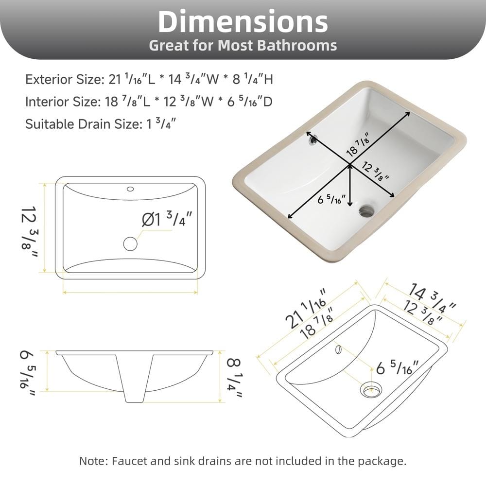 21" White Glossy Ceramic Rectangular Undermount Bathroom Sink