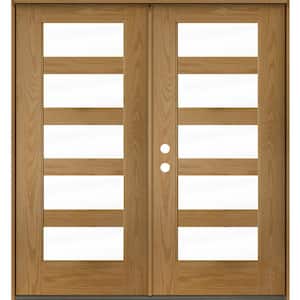ASCEND Modern 72 in. x 80 in. 5-Lite Right-Active/Inswing Clear Glass Bourbon Stain Double Fiberglass Prehung Front Door