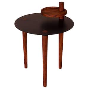 18 in. W Brown and Black Metal Round Top Side Table with Rotatable Tray and Tripod Legs