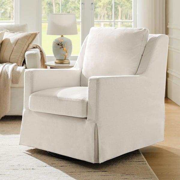 Andres Ivory Farmhouse Slipcovered Polyester Swivel Arm Chair with Pillow Back