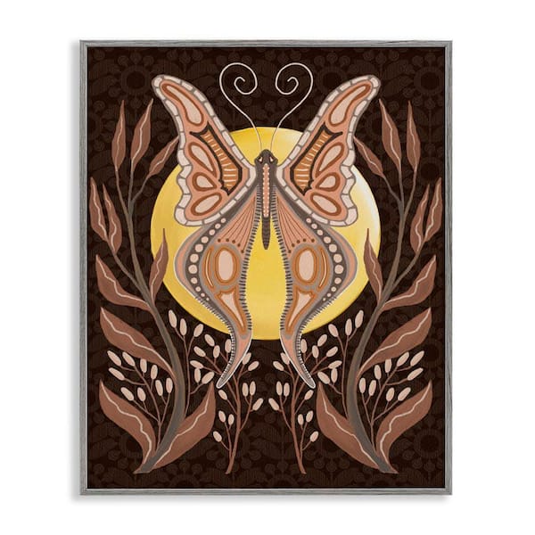 Stupell Industries Moth & Moon Botanicals by Regina Moore Gray Framed Animal Giclee Art Print 20 in. x 16 in.