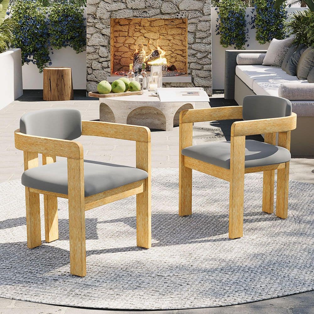 Lyno Patio Yellow Wood Finish Solid Wood Outdoor Dining Chairs with Gray Cushions, Curved Backrest price history on PriceWatchPro