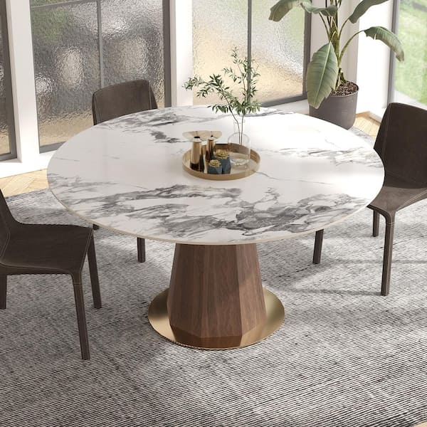 Lesly Modern Round Pandora Coloured Patek Philippe Stone Top Kitchen 53.15 in. Walnut Pedestal Dining Table (Seats-4)