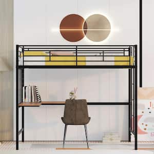 Black Twin Metal Loft Bed with Desk and Hanging Grid