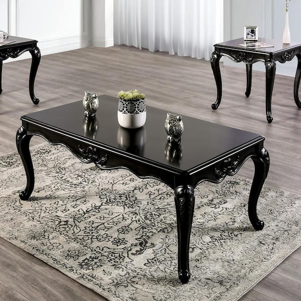Furniture of America Griffith 53 in. Black Rectangle Wood Coffee Table with Leaf Motifs
