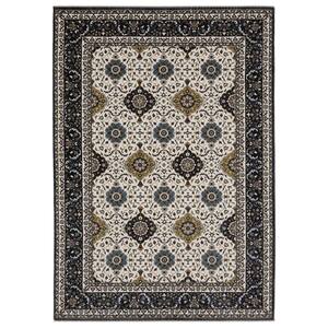 Victoria Ivory/Navy 4 ft. x 6 ft. Oriental Panel Medallion Polyester Fringed-Edge Indoor Area Rug