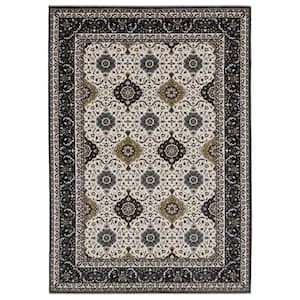 Victoria Ivory/Navy 5 ft. x 8 ft. Oriental Panel Medallion Polyester Fringed-Edge Indoor Area Rug