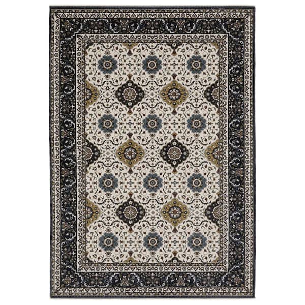 AVERLEY HOME Victoria Ivory/Navy 10 ft. x 13 ft. Oriental Panel Medallion Polyester Fringed-Edge Indoor Area Rug