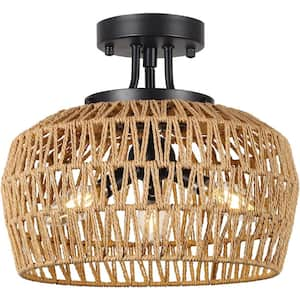 3-light 12.6 in. Indoor Black plus Brown Rattan Chandelier