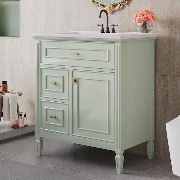 30 in. Single Sink Freestanding Green Bath Vanity with White Ceramic Top and Adjustable Shelf Vanity Cabinet Unassembled