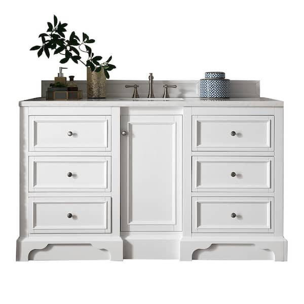 James Martin Vanities De Soto 61.3 in. W x 23.5 in.D x 36.3 in. H Single Bath Vanity in Bright White with Soild Surface Top in Arctic Fall