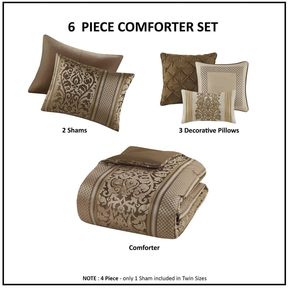 Full Brown Jacquard Microfiber Comforter Set with Throw Pillows