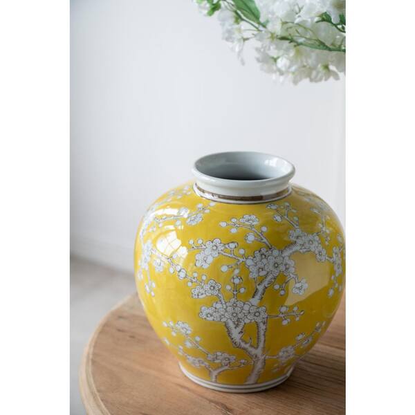 9 in. Yellow and White Wide Curved Plum Blossom Decorative Vase