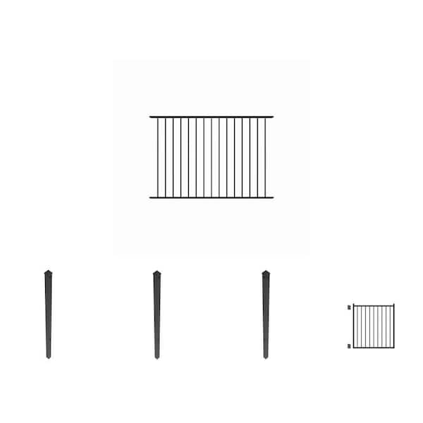 Dillon 2 Rail Flat Top 4 ft. H x 6 ft. Black Aluminum Pre-Assembled Picket Fence Panel with Gate and Posts