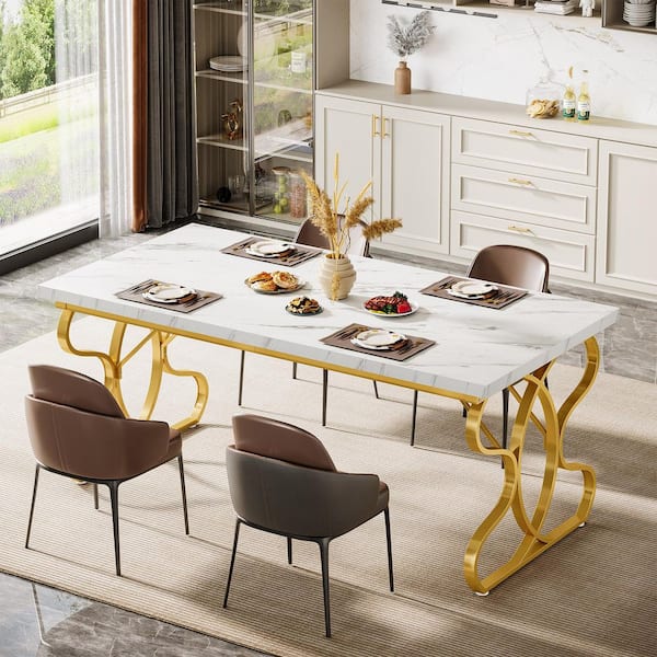 Roesler White and Gold Wood 63 in. Sled Rectangle Dining Table Seats 4