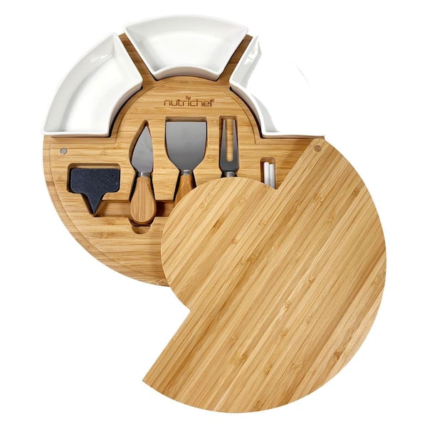 NutriChef Bamboo Natural Cheese Board Set, 13 in. Round Organic Wooden Plate 4-Pieces Cutting Knife, Bonus Condiment Cup