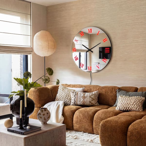THKSHOUZ Silver 27.6 in. Round Frameless Glass Mirror Wall Clock