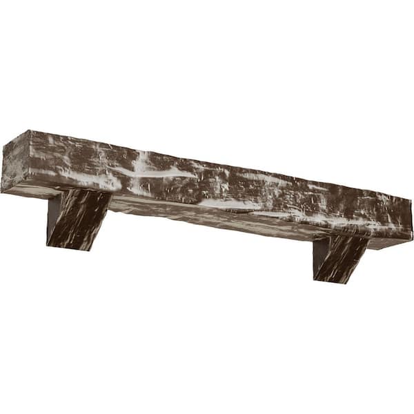 Ekena Millwork 4 in. x 4 in. x 4 ft. Riverwood Faux Wood Fireplace Mantel Kit, Breckinridge Corbels, Vintage Mahogany