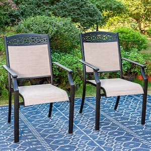 Black Arm Stationary Textilene Aluminum Sling Outdoor Dining Chair (2-Pack)