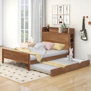 Walnut (Brown) Wood Frame Full Platform Bed with Bedhead Shelf Twin Size Trundle, Multiple Storage Shelves on Both Sides