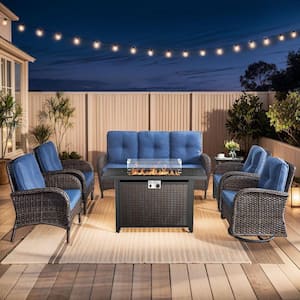Rotavia Brown PE Wicker 7-Piece Outdoor Rectangular Fire Pit Table Patio Conversatoin Sofa Set with Blue Cushions