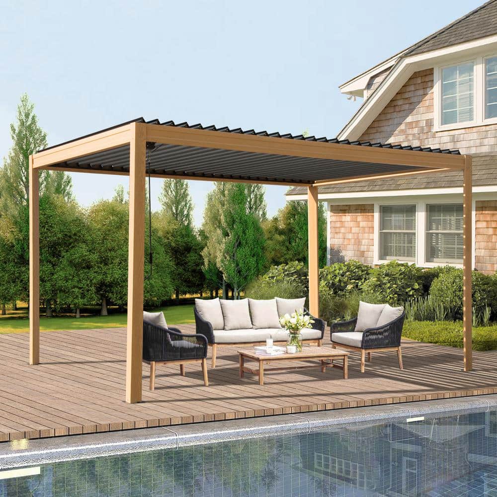 Brown and Gray Aluminum Metal Louvered Pergola 10 ft. x 13 ft.
