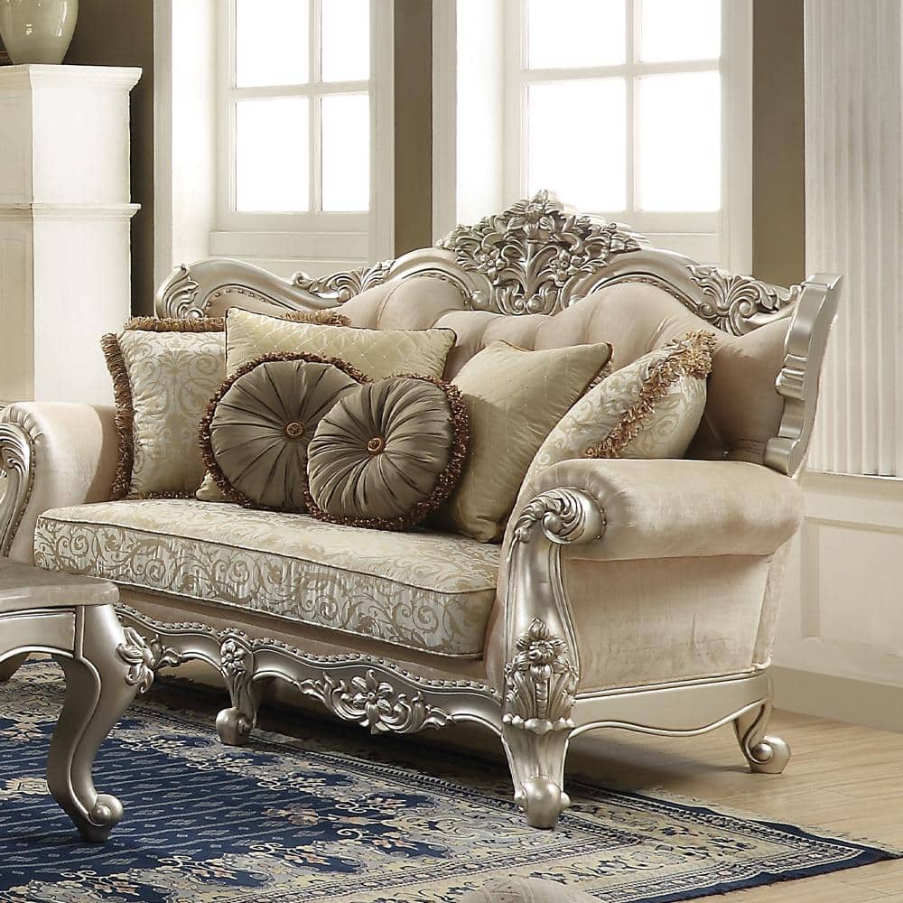 Champagne Beige Tufted Linen Rolled Arm Loveseat with Nailhead Trim