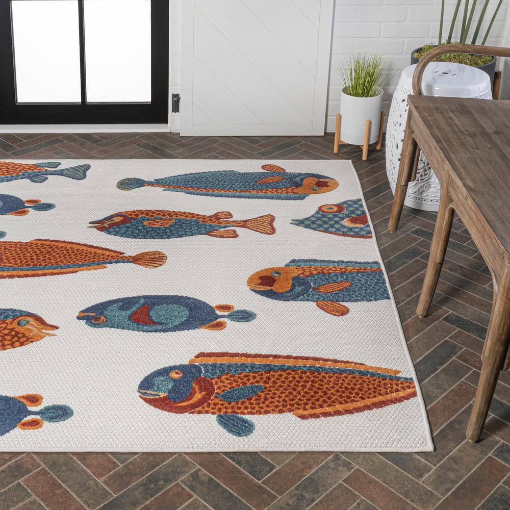 Navy and Orange Coastal Fish Pattern Synthetic 8' x 10' Area Rug
