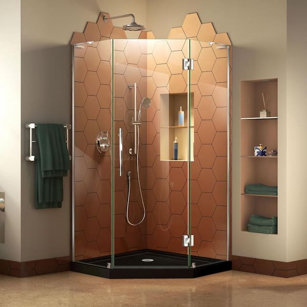 DreamLine Prism Plus 42 in. x 42 in. x 74.75 in. Semi-Frameless Neo-Angle Hinged Shower Enclosure in Chrome with Black Shower Base
