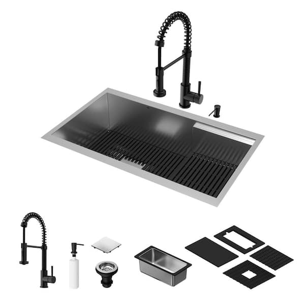 VIGO Hampton 32" Stainless Steel Single Bowl Workstation Undermount Kitchen Sink with Matte Black Faucet and Accessories