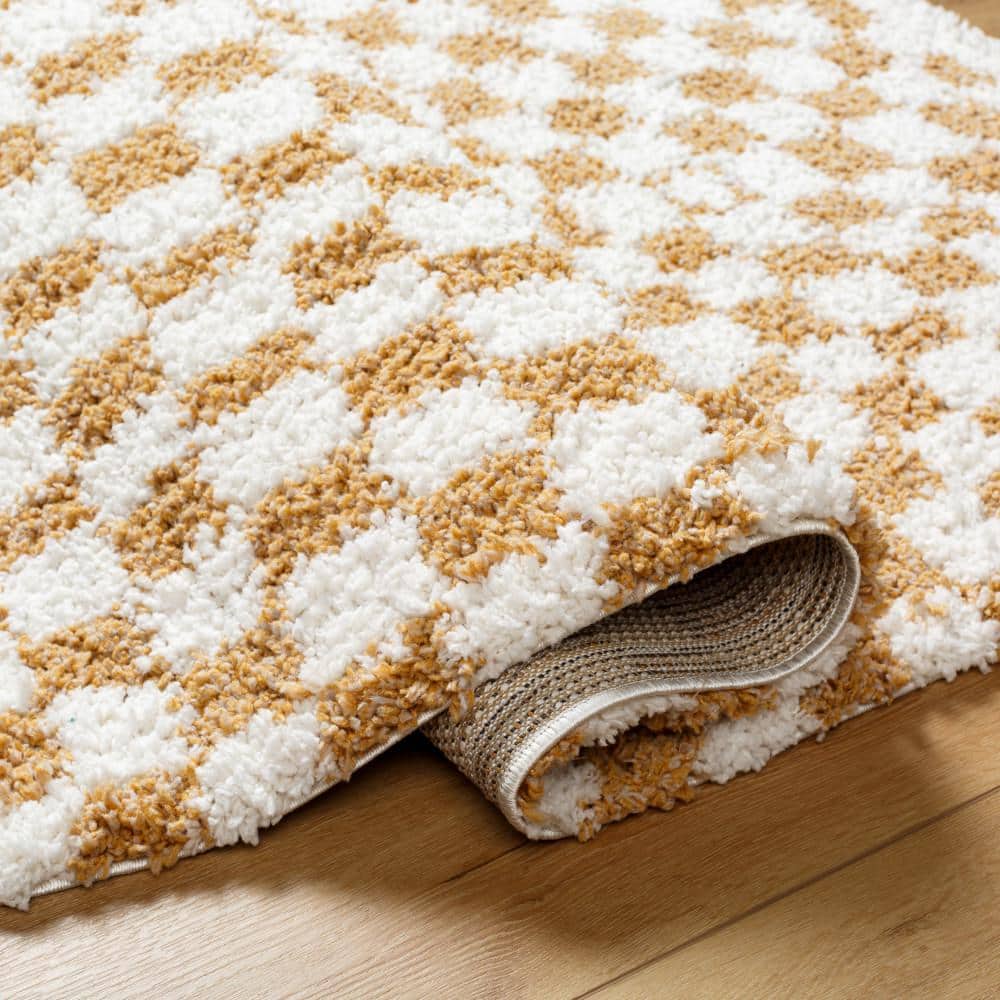 Tan and White Checkered Rectangular Shag Area Rug, 7'10" x 10'