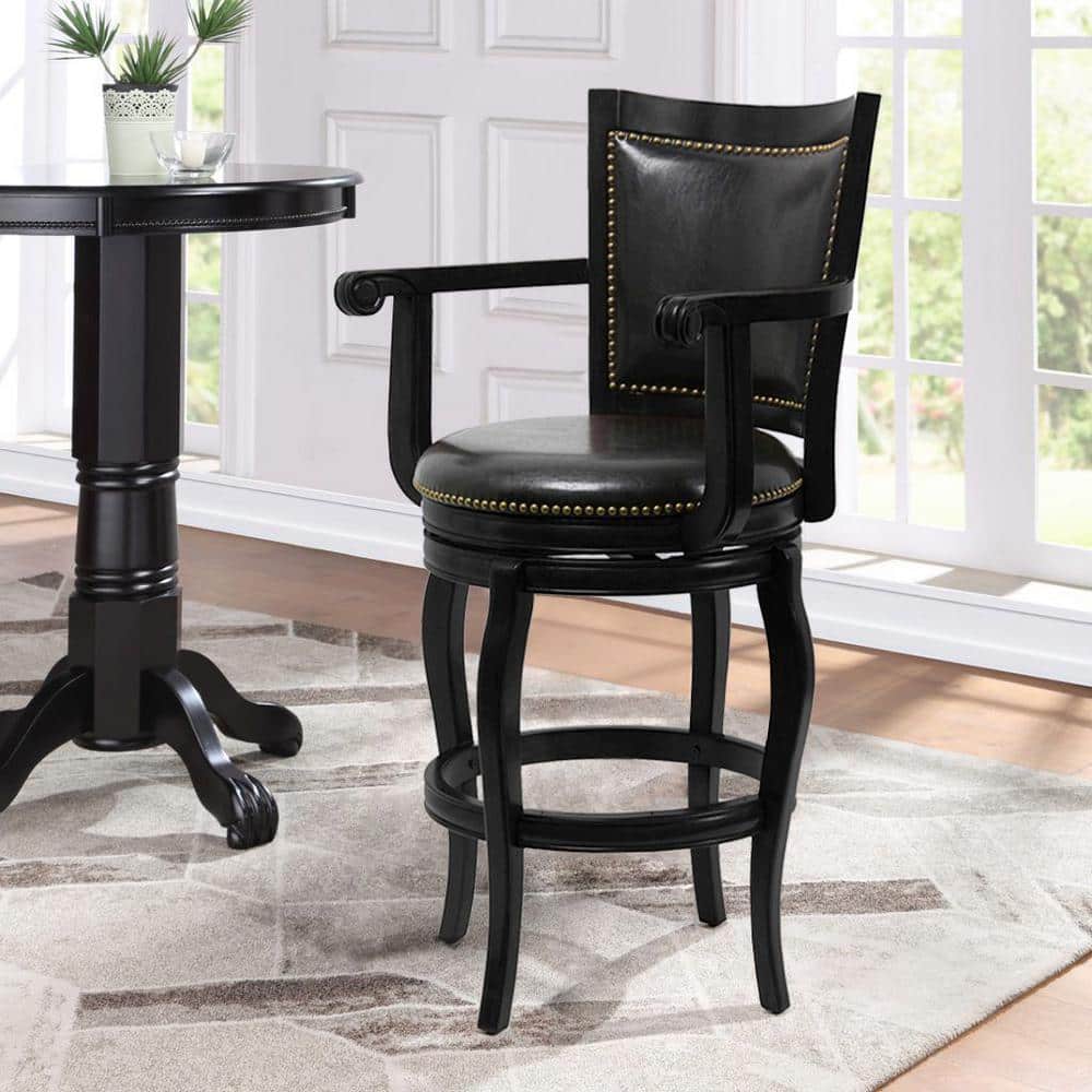 Hugo 29" Adjustable Swivel Barstool with Wood Arms in Black Leather