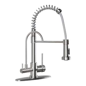 Double Handles Solid Brass Pull Down Sprayer Kitchen Faucet with Drinking Water Filter in Brushed Nickel