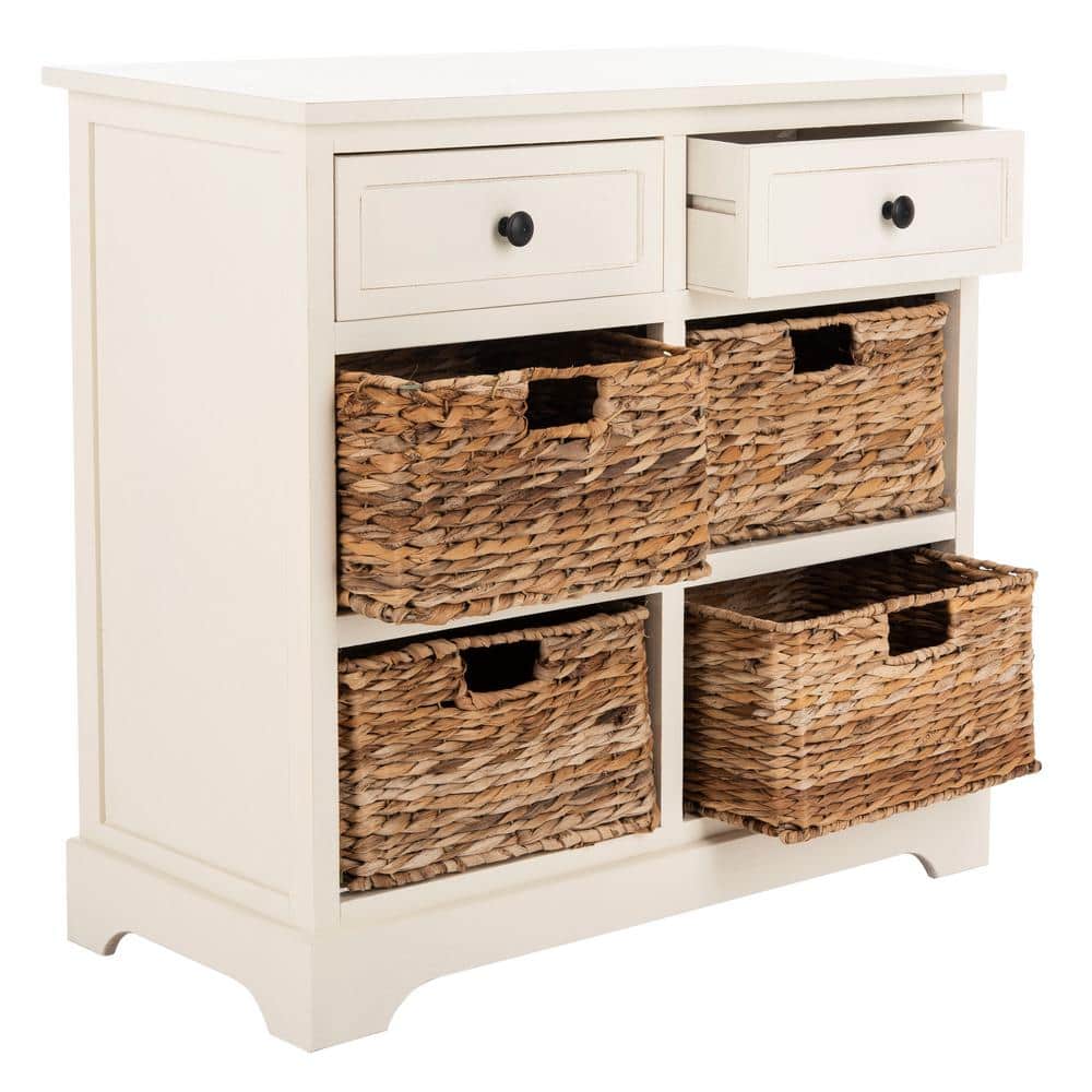 Distressed Cream Pine 6-Drawer Storage Unit with Wicker Baskets