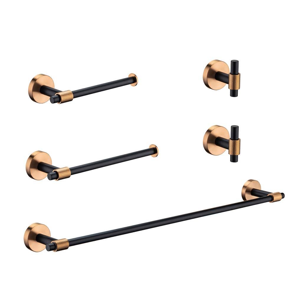 RAINLEX 5-Piece Combo Bath Hardware Set Double Hooks Ring Toilet Paper Holder and 24 in. Towel Bar in Rose Gold Black RX4500MJ-5 - The