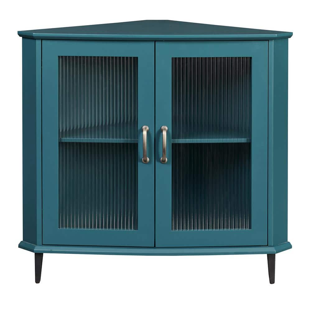 33.62 in. W x 18.62 in. D x 31 in. H Blue Triangle Linen Cabinet with Adjustable Shelf and Glass Doors, Teal Blue