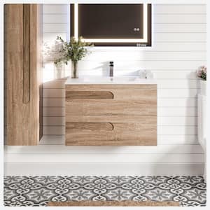 Joy 39 in. W x 18 in. D x 20.5 in. H Floating Bathroom Vanity in Maple with White Porcelain Top with White Sink