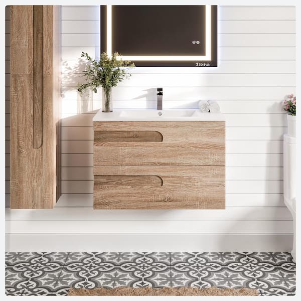 Eviva Joy 39 in. W x 18 in. D x 20.5 in. H Floating Bathroom Vanity in Maple with White Porcelain Top with White Sink