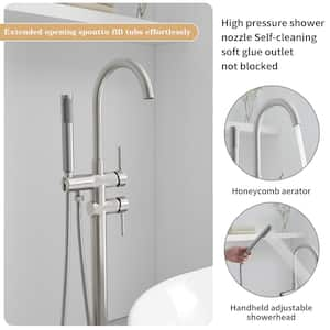 Single Handle Floor Mount Freestanding Tub Faucet Bathtub Filler with Hand Shower in Brushed Nickel